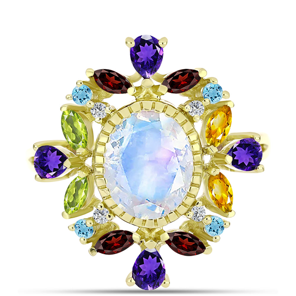 Anillo de Plata Bañada en Oro con Piedra Lunar Arco Iris y Amatista de Marruecos 1 
