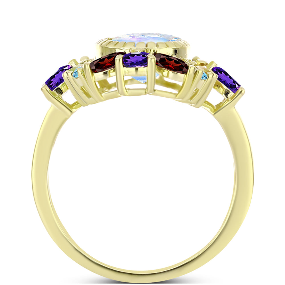 Anillo de Plata Bañada en Oro con Piedra Lunar Arco Iris y Amatista de Marruecos