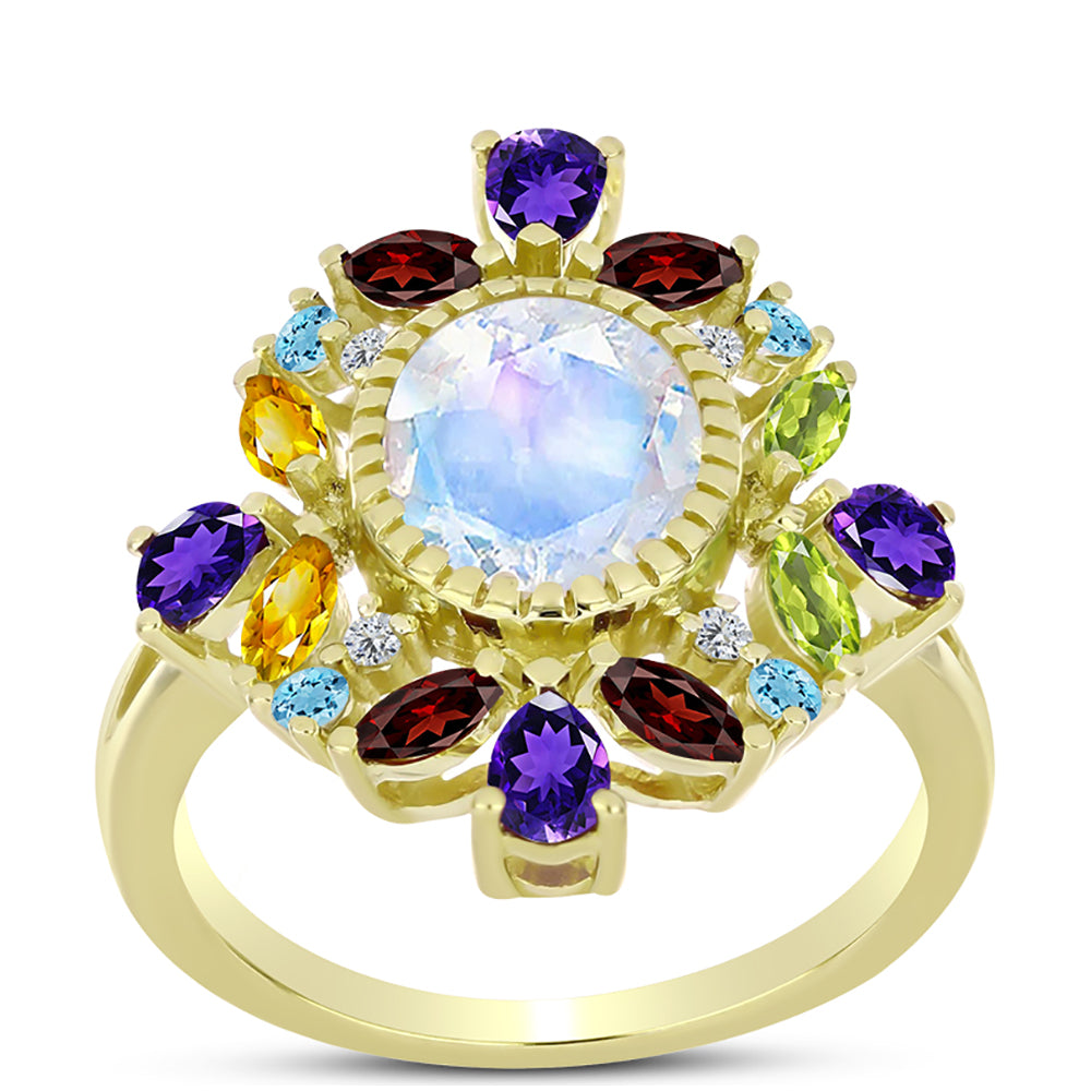 Anillo de Plata Bañada en Oro con Piedra Lunar Arco Iris y Amatista de Marruecos