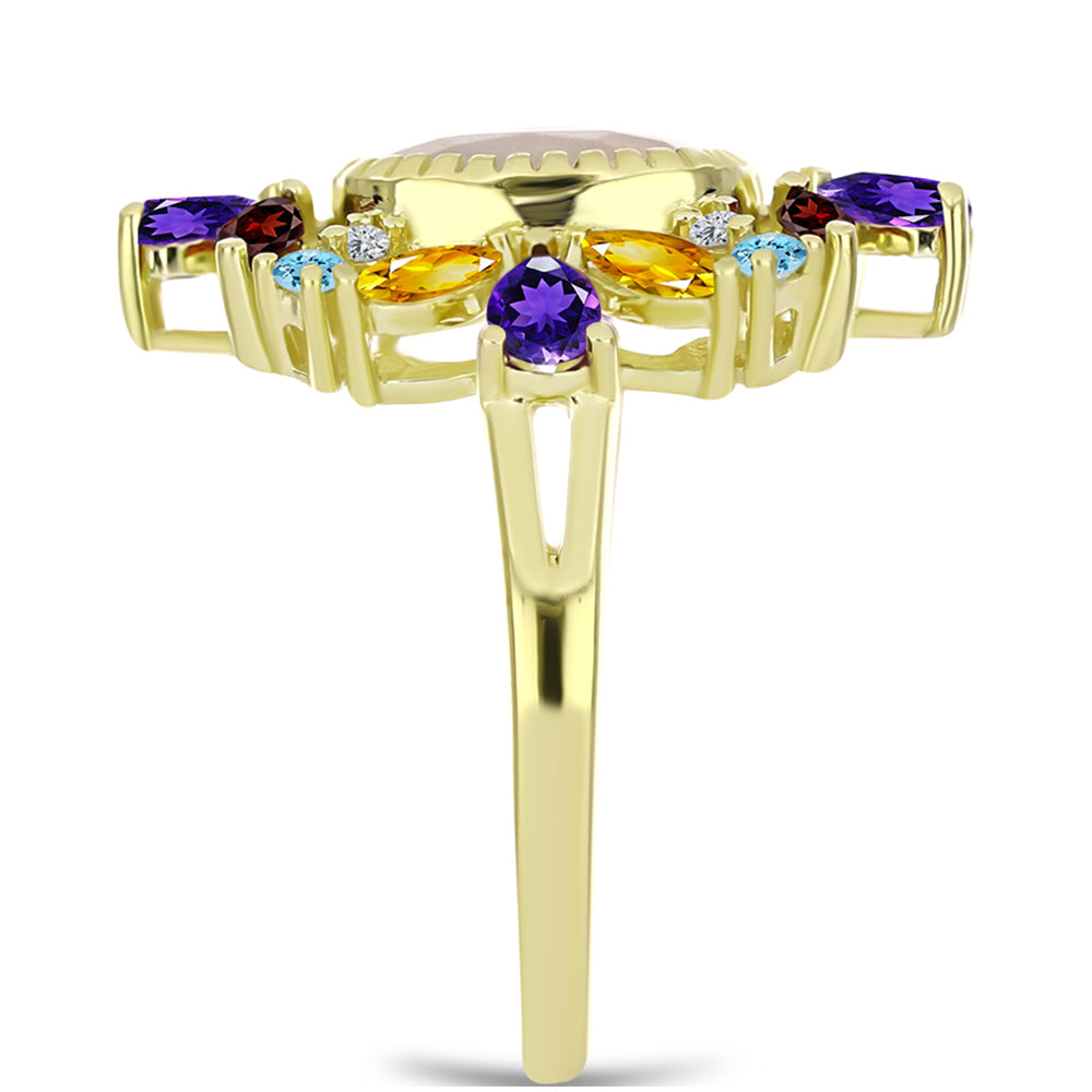 Anillo de Plata Bañada en Oro con Piedra Lunar Arco Iris y Amatista de Marruecos