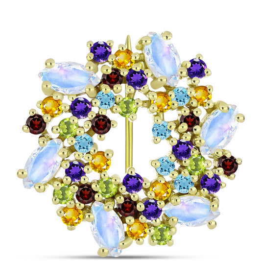 Broche de Plata Bañada en Oro con Piedra Lunar Arco Iris y Amatista de Marruecos