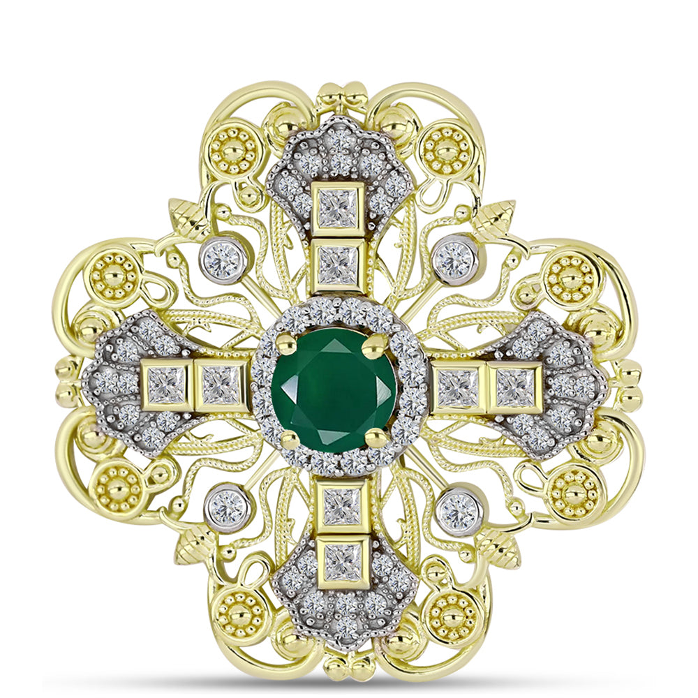 Broche de Plata Bañada en Oro con Ágata Verde y Topacio Blanco 1 