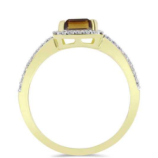 Anillo de Plata Bañada en Oro con Cuarzo Coñac y Topacio Blanco