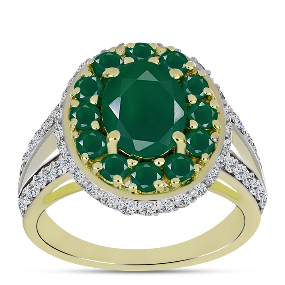 Anillo de Plata Bañada en Oro con Ágata Verde y Topacio Blanco 3 