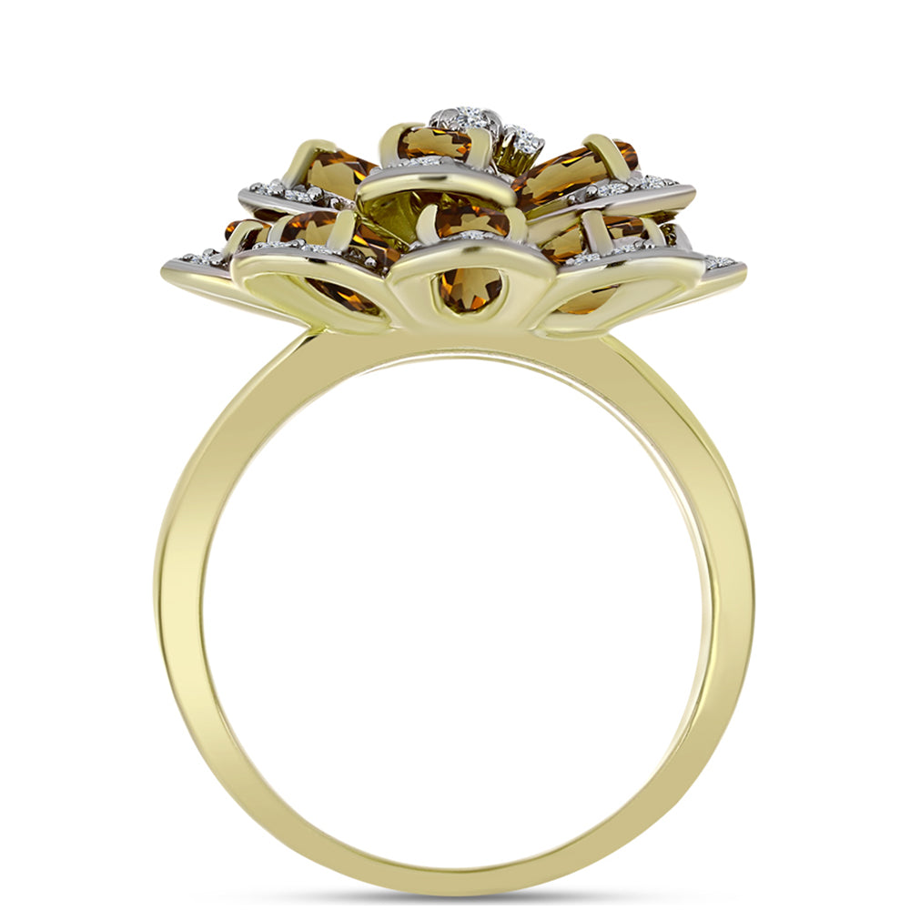Anillo de Plata Bañada en Oro con Cuarzo Coñac y Topacio Blanco