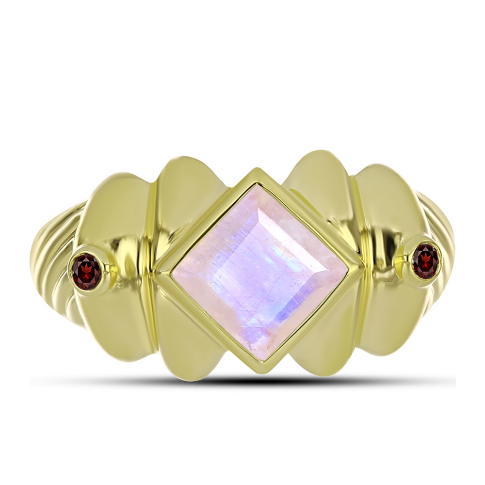 Anillo de Plata Bañada en Oro con Piedra Lunar Arco Iris y Granate Barton 1 