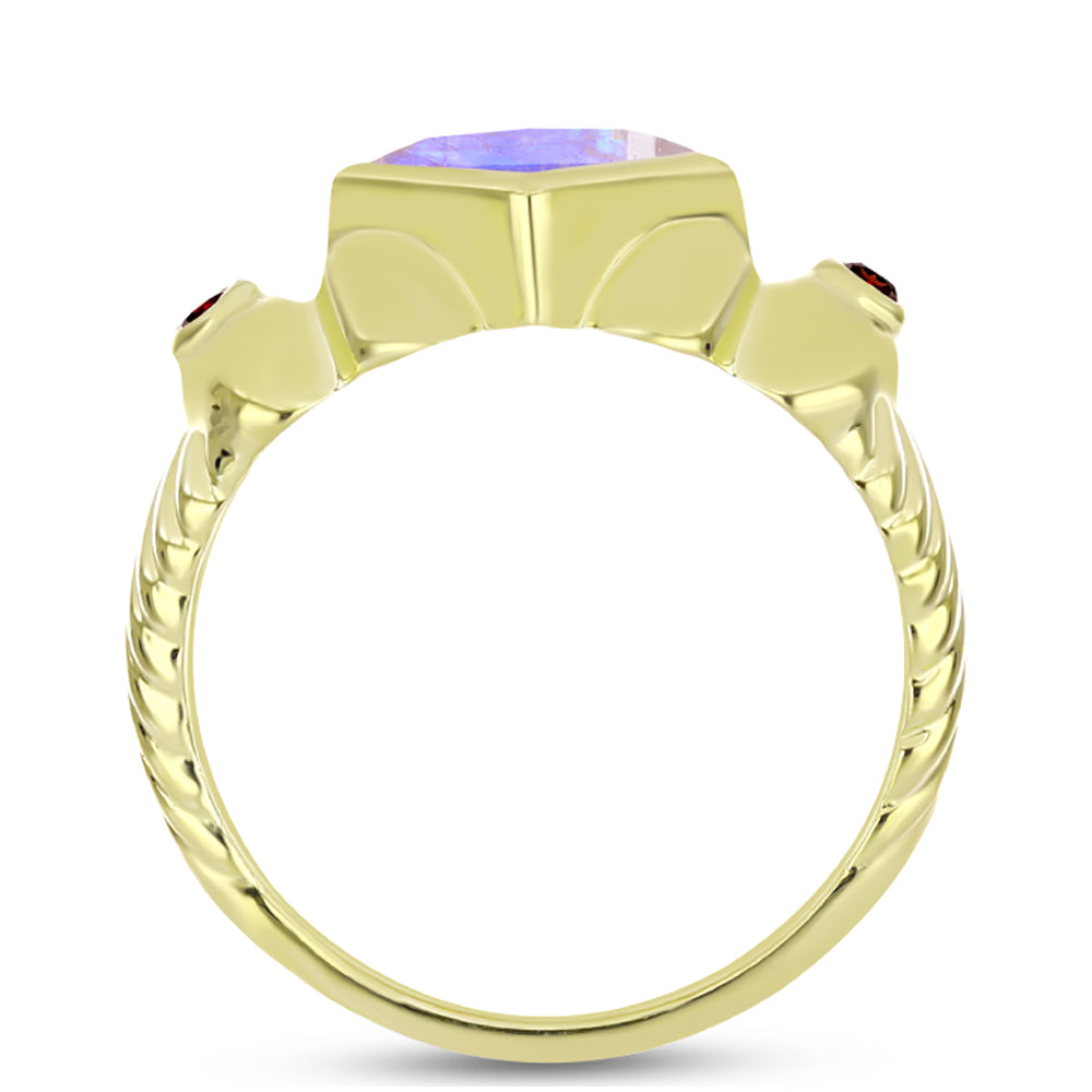 Anillo de Plata Bañada en Oro con Piedra Lunar Arco Iris y Granate Barton