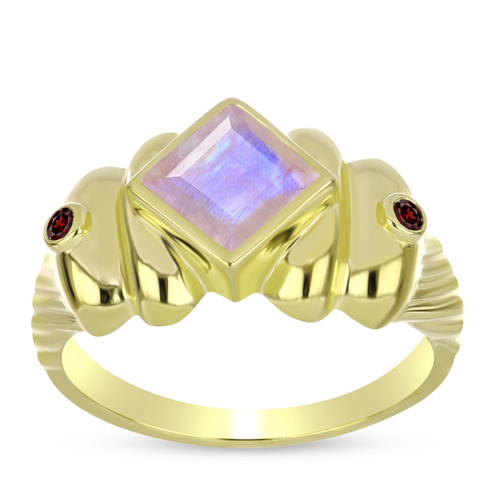 Anillo de Plata Bañada en Oro con Piedra Lunar Arco Iris y Granate Barton 3 