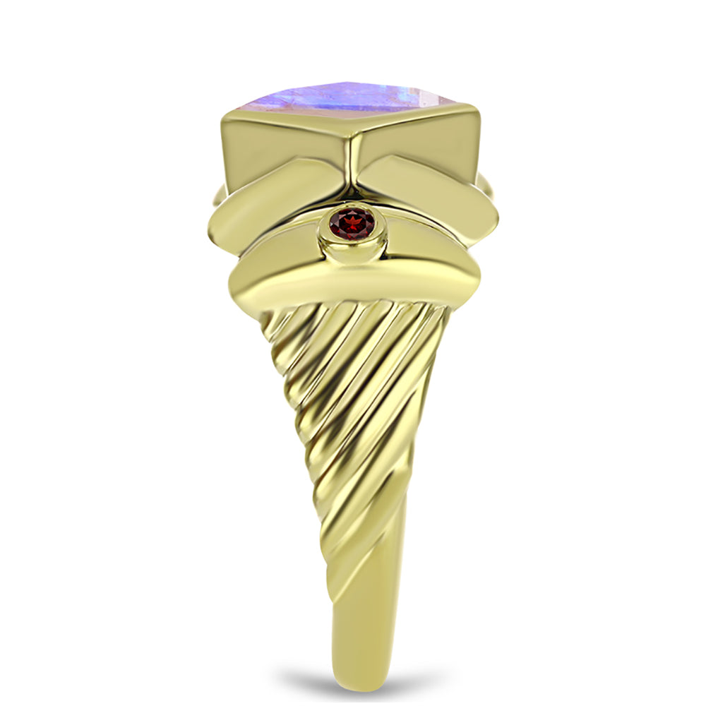 Anillo de Plata Bañada en Oro con Piedra Lunar Arco Iris y Granate Barton 4 