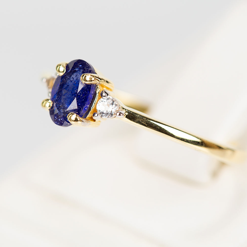 Anillo de Plata Bañada en Oro con Zafiro Azul Australiano y Topacio Blanco 3 