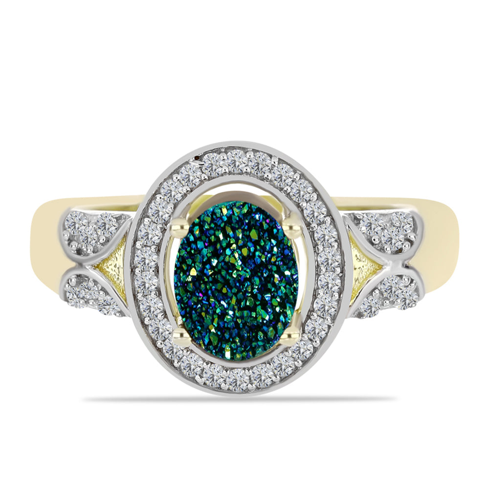 Anillo de Plata Bañada en Oro con Drusa Verde y Topacio Blanco
