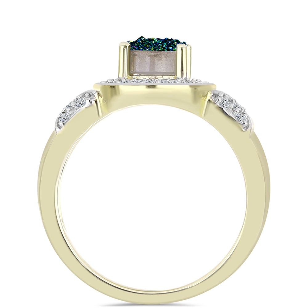 Anillo de Plata Bañada en Oro con Drusa Verde y Topacio Blanco 2 