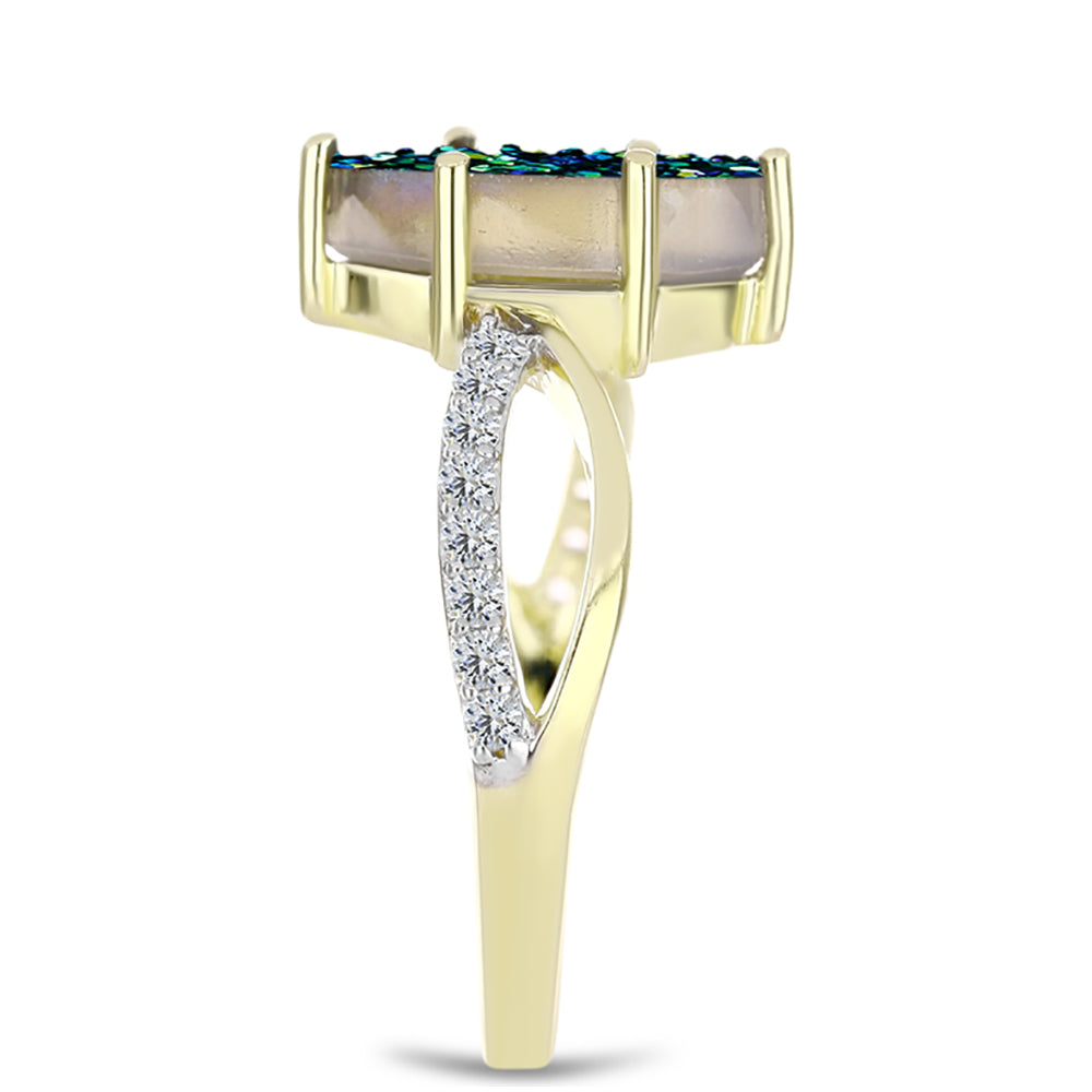 Anillo de Plata Bañada en Oro con Drusa Verde y Topacio Blanco 4 