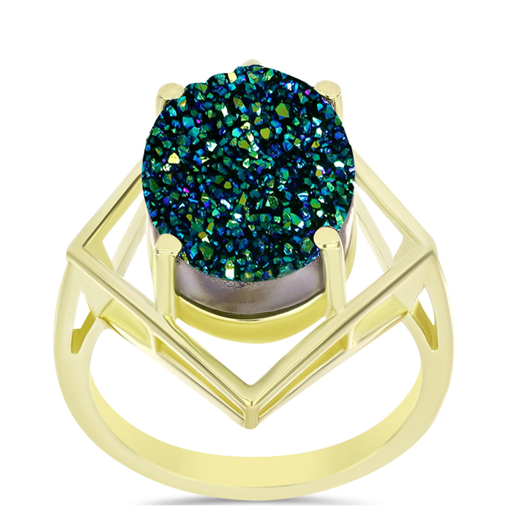 Anillo de Plata Bañada en Oro con Drusa Verde
