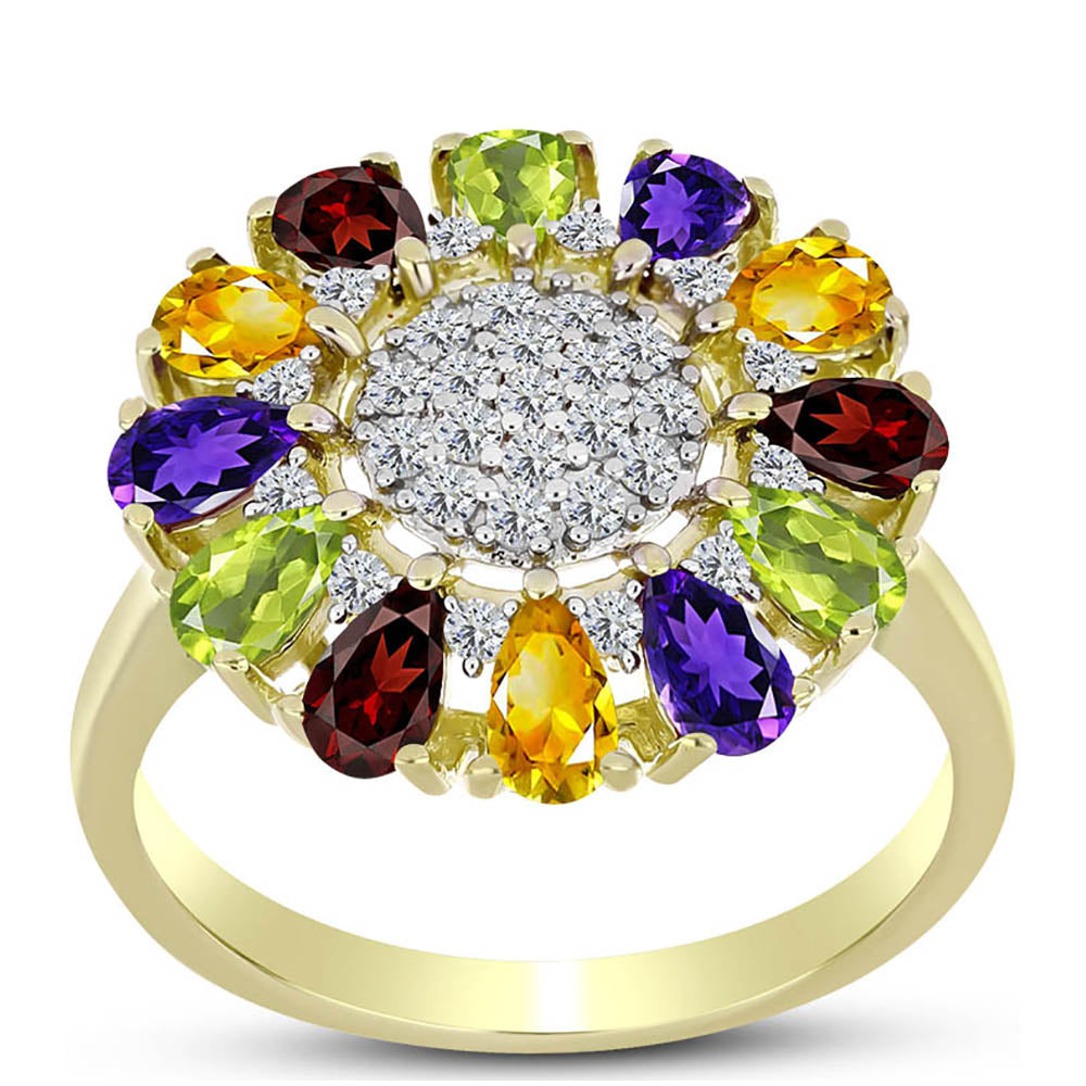 Anillo de Plata Bañada en Oro con Amatista de Marruecos y Citrino de los Montes Urales
