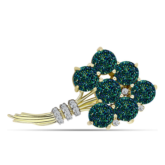 Broche de Plata Bañada en Oro con Drusa Verde y Topacio Blanco