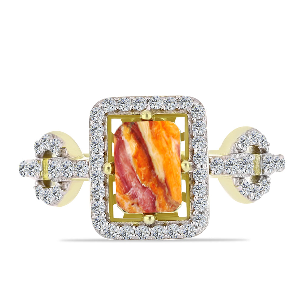 Anillo de Plata Bañada en Oro con Jaspe Garra de León y Topacio Blanco 1 