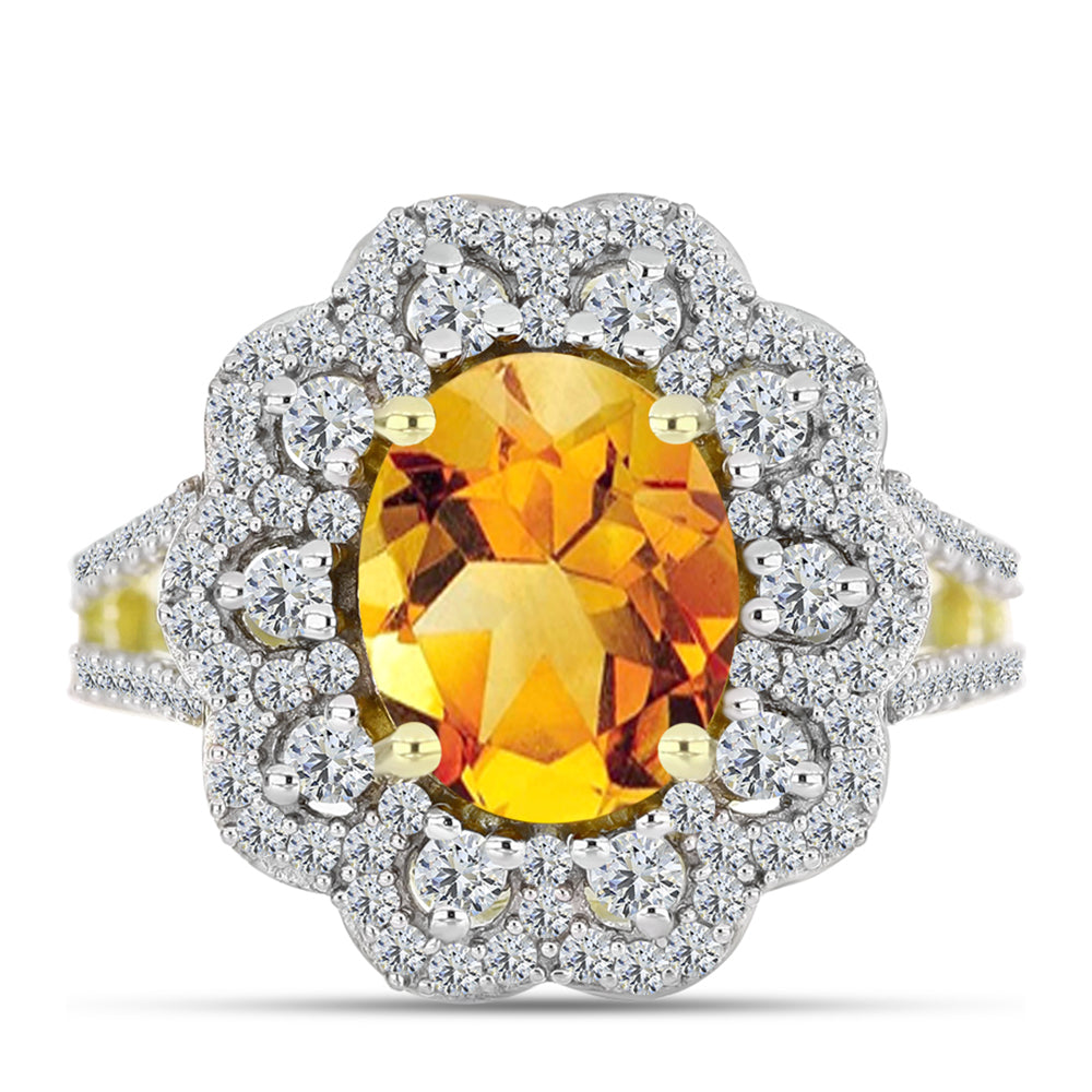 Anillo de Plata Bañada en Oro con Citrino de Río del Oro y Topacio Blanco 1 