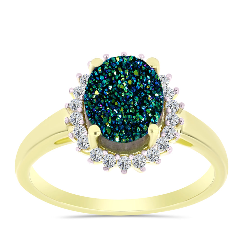 Anillo de Plata Bañada en Oro con Drusa Verde y Topacio Blanco