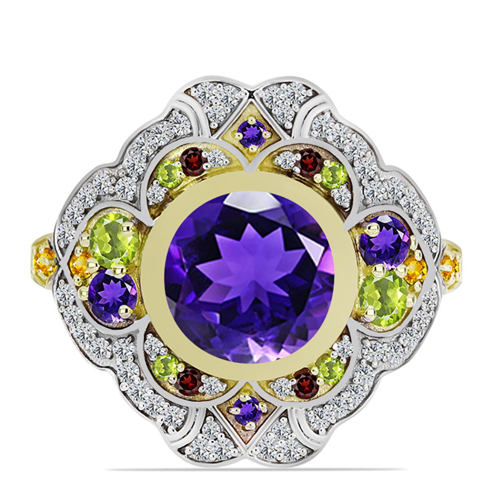 Anillo de Plata Bañada en Oro con Amatista de Marruecos y Citrino de los Montes Urales