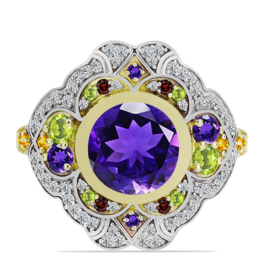 Anillo de Plata Bañada en Oro con Amatista de Marruecos y Citrino de los Montes Urales