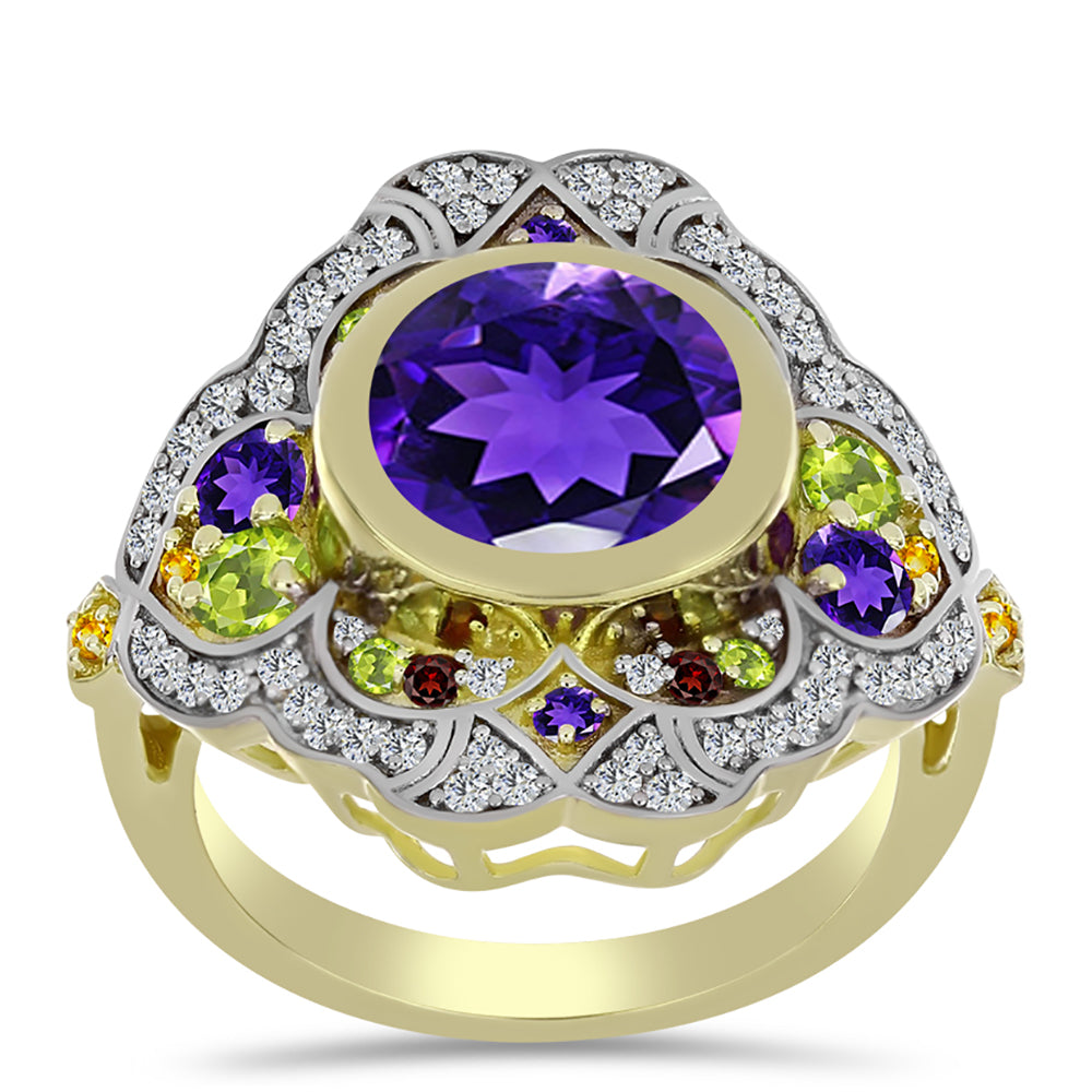 Anillo de Plata Bañada en Oro con Amatista de Marruecos y Citrino de los Montes Urales