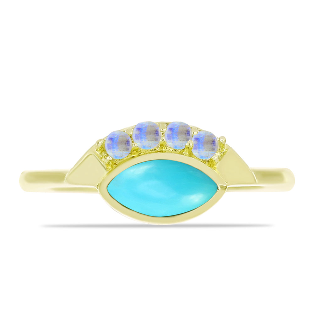 Anillo de Plata Bañada en Oro con Turquesa Bella Durmiente y Piedra Lunar Arco Iris 1 