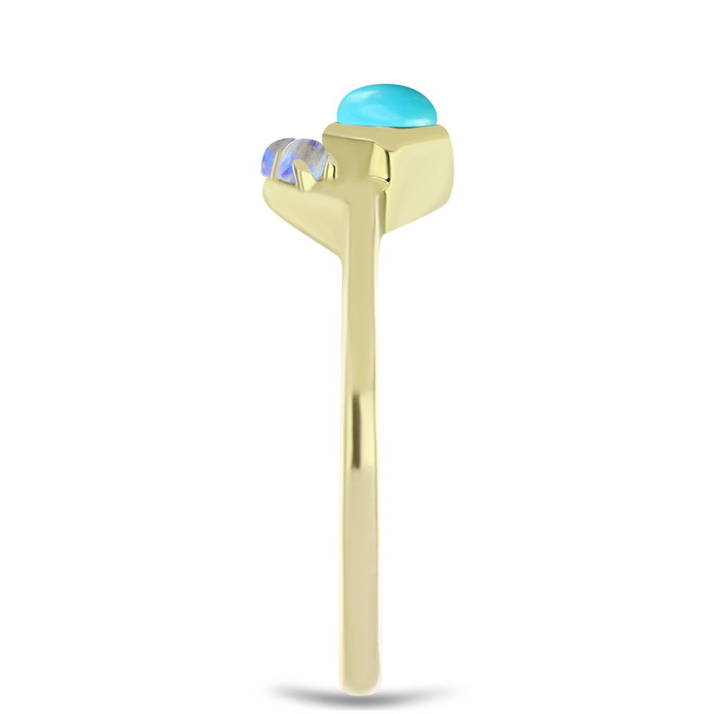 Anillo de Plata Bañada en Oro con Turquesa Bella Durmiente y Piedra Lunar Arco Iris 4 