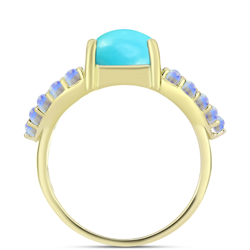 Anillo de Plata Bañada en Oro con Turquesa Bella Durmiente y Piedra Lunar Arco Iris