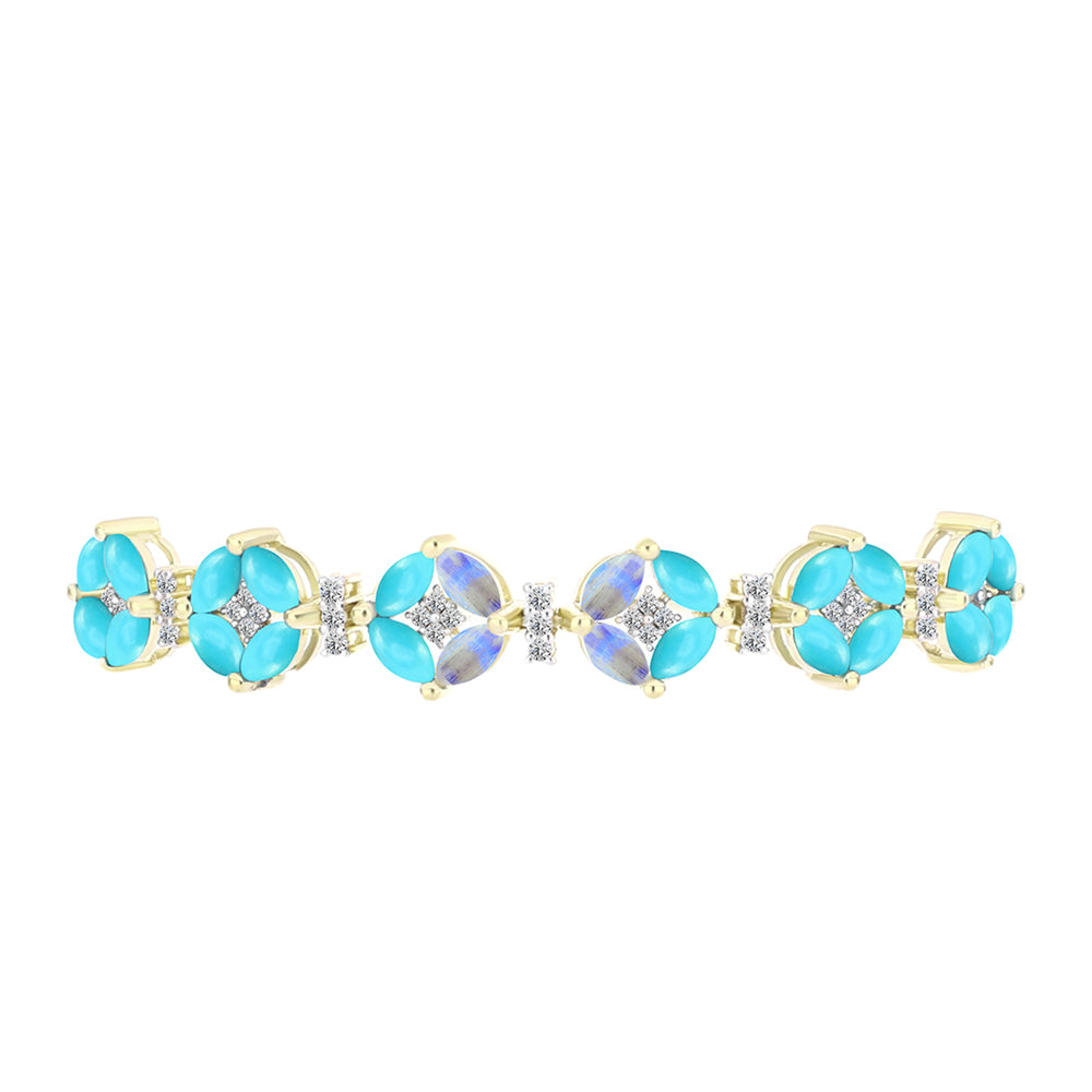 Pulsera de Plata Bañada en Oro con Turquesa Bella Durmiente y Piedra Lunar Arco Iris 2 