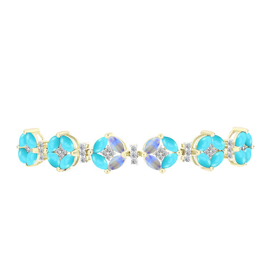 Pulsera de Plata Bañada en Oro con Turquesa Bella Durmiente y Piedra Lunar Arco Iris