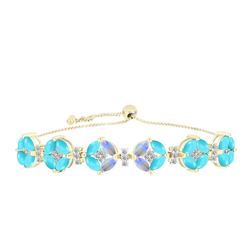 Pulsera de Plata Bañada en Oro con Turquesa Bella Durmiente y Piedra Lunar Arco Iris