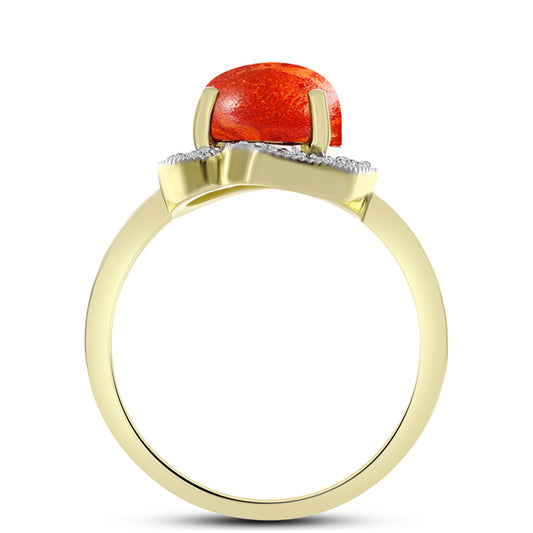 Anillo de Plata Bañada en Oro con Coral de Esponja Roja y Topacio Blanco