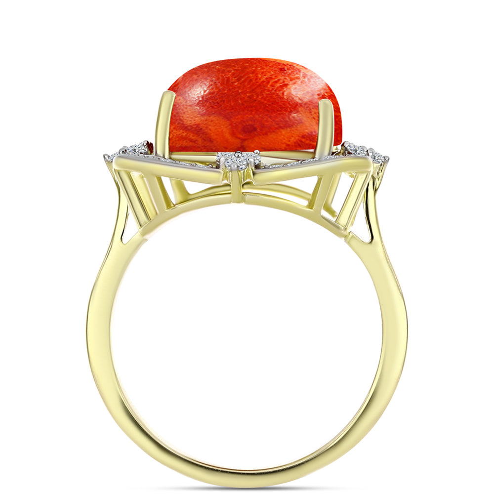 Anillo de Plata Bañada en Oro con Coral de Esponja Roja y Topacio Blanco