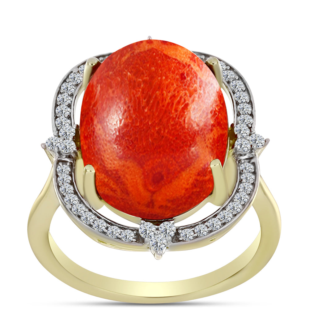 Anillo de Plata Bañada en Oro con Coral de Esponja Roja y Topacio Blanco