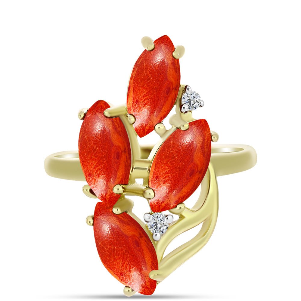 Anillo de Plata Bañada en Oro con Coral de Esponja Roja y Topacio Blanco 1 