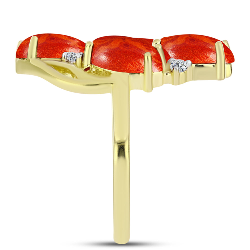 Anillo de Plata Bañada en Oro con Coral de Esponja Roja y Topacio Blanco 4 