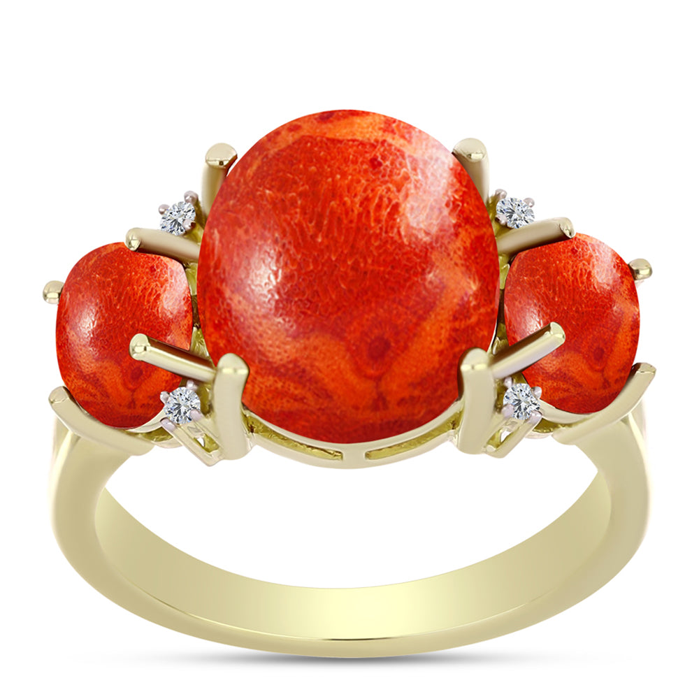 Anillo de Plata Bañada en Oro con Coral de Esponja Roja y Topacio Blanco