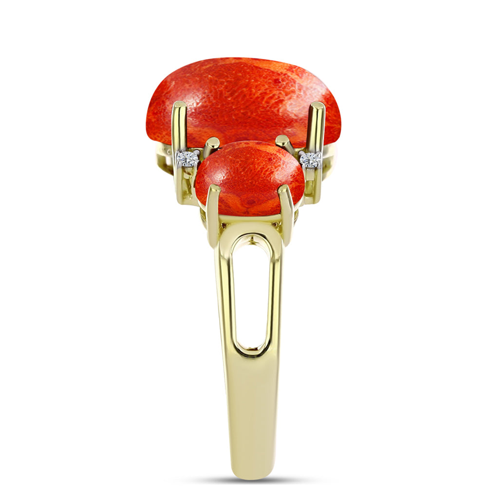 Anillo de Plata Bañada en Oro con Coral de Esponja Roja y Topacio Blanco 4 