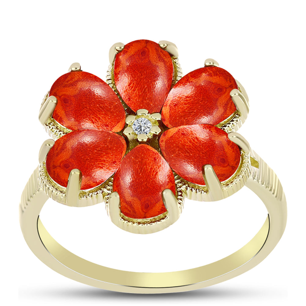 Anillo de Plata Bañada en Oro con Coral de Esponja Roja y Topacio Blanco 3 