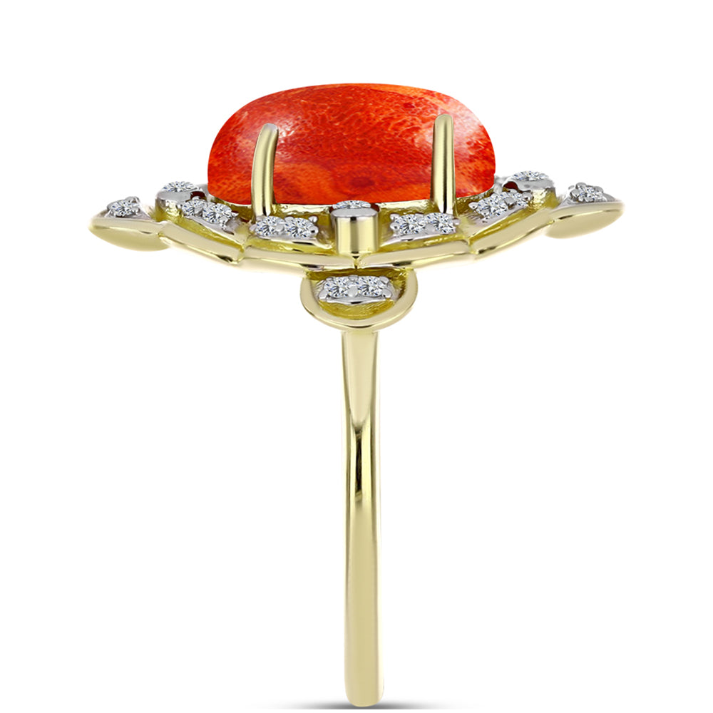 Anillo de Plata Bañada en Oro con Coral de Esponja Roja y Topacio Blanco 4 