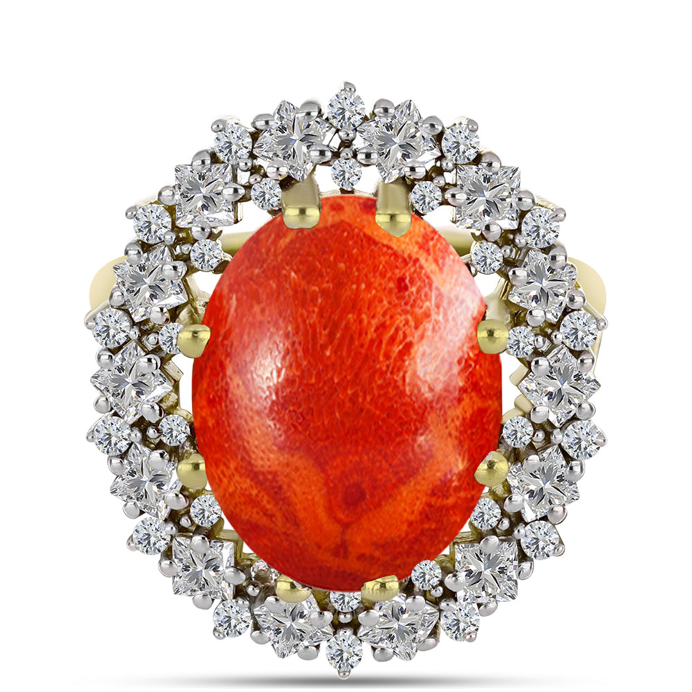 Anillo de Plata Bañada en Oro con Coral de Esponja Roja y Zircón Blanco