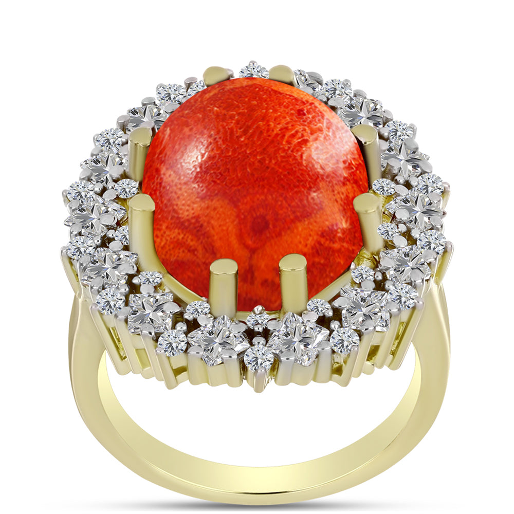Anillo de Plata Bañada en Oro con Coral de Esponja Roja y Zircón Blanco 3 