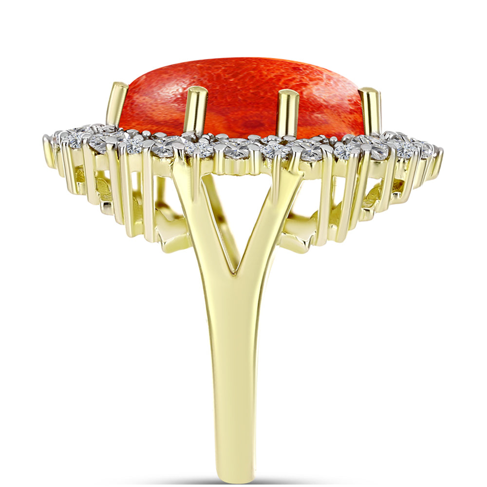 Anillo de Plata Bañada en Oro con Coral de Esponja Roja y Zircón Blanco 4 