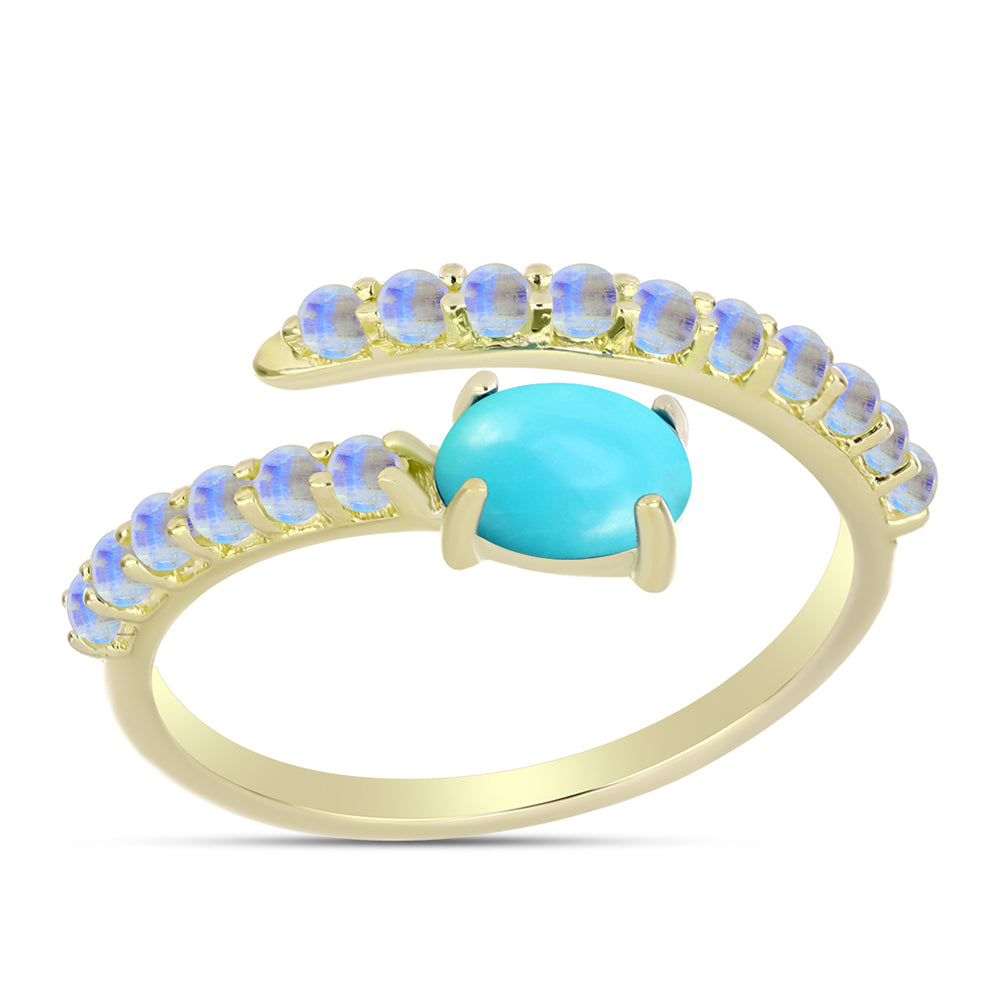 Anillo de Plata Bañada en Oro con Turquesa Bella Durmiente y Piedra Lunar Arco Iris 3 