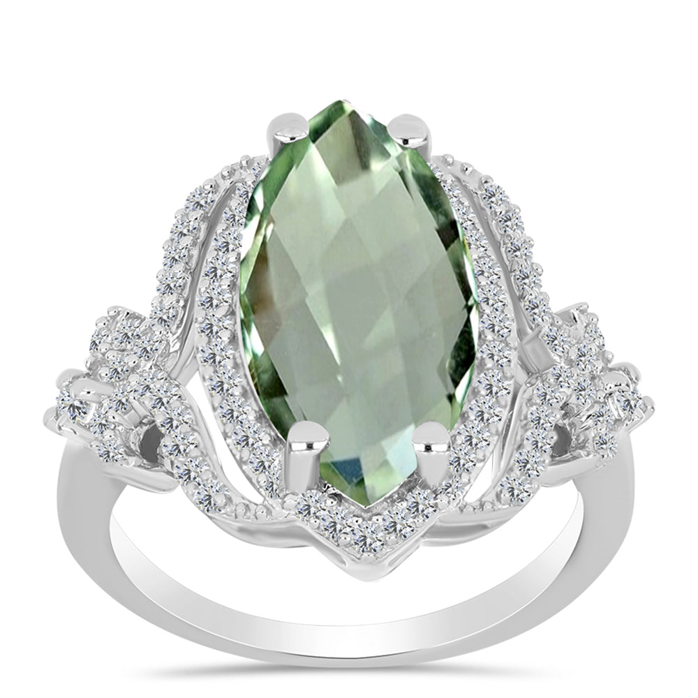 Anillo de Plata con Amatista Verde y Topacio Blanco