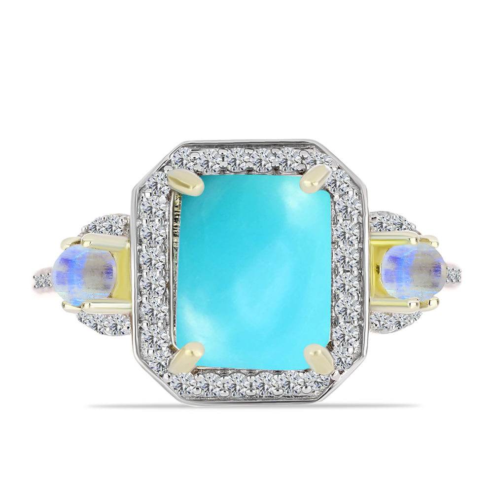 Anillo de Plata Bañada en Oro con Turquesa Bella Durmiente y Piedra Lunar Arco Iris 1 