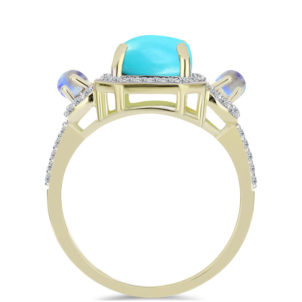 Anillo de Plata Bañada en Oro con Turquesa Bella Durmiente y Piedra Lunar Arco Iris