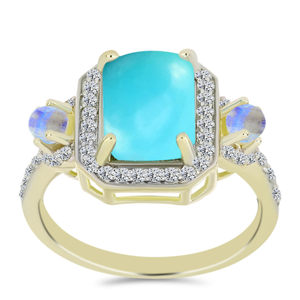 Anillo de Plata Bañada en Oro con Turquesa Bella Durmiente y Piedra Lunar Arco Iris 3 