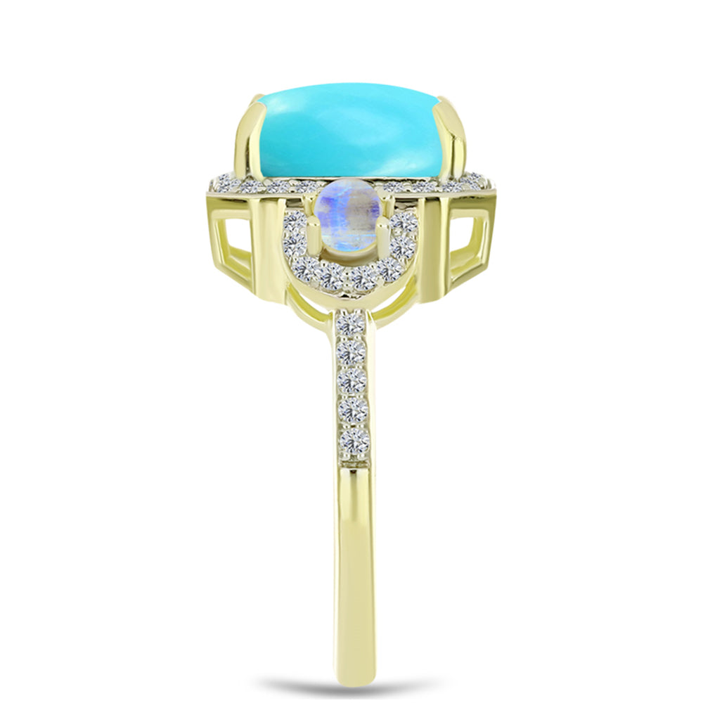 Anillo de Plata Bañada en Oro con Turquesa Bella Durmiente y Piedra Lunar Arco Iris